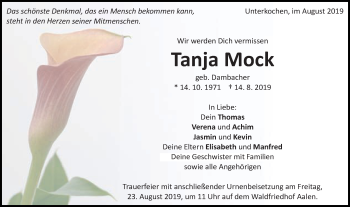 Traueranzeige von Tanja Mock von Schwäbische Post