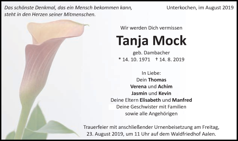  Traueranzeige für Tanja Mock vom 20.08.2019 aus Schwäbische Post
