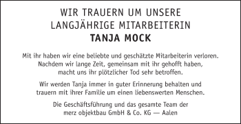 Traueranzeige von Tanja Mock von Schwäbische Post