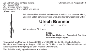 Traueranzeige von Ulrich Brenner von Schwäbische Post