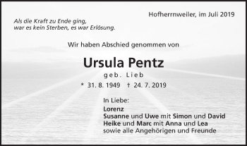 Traueranzeige von Ursula Pentz von Schwäbische Post