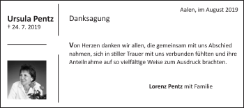 Traueranzeige von Ursula Pentz von Schwäbische Post
