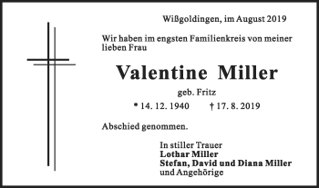 Traueranzeige von Valentine Miller von Gmünder Tagespost