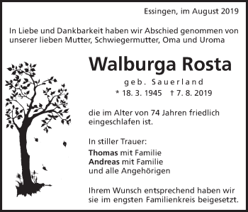 Traueranzeige von Walburga Rosta von Schwäbische Post