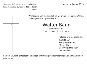 Traueranzeige von Walter Baur von Schwäbische Post