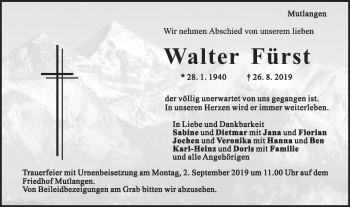Traueranzeige von Walter Fürst von Gmünder Tagespost