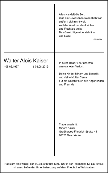 Traueranzeige von Walter Alois Kaiser