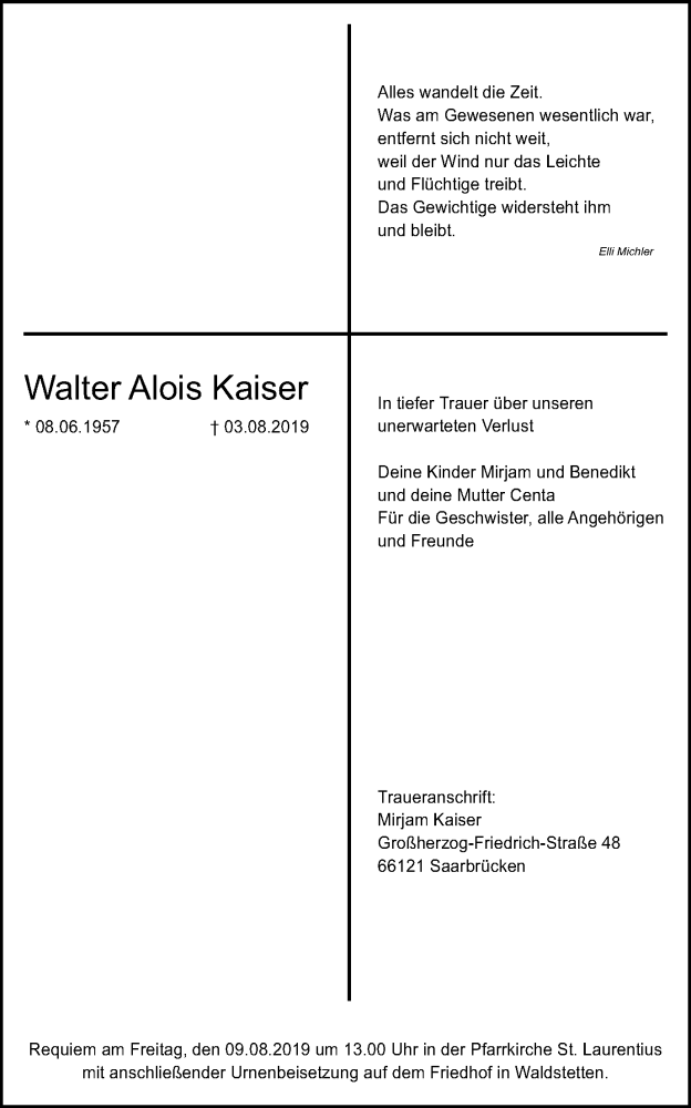  Traueranzeige für Walter Alois Kaiser vom 06.08.2019 aus Gmünder Tagespost