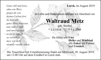 Traueranzeige von Waltraud Metz von Gmünder Tagespost