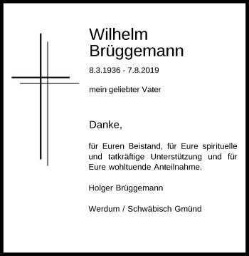Traueranzeige von Wilhelm Brüggemann von Gmünder Tagespost