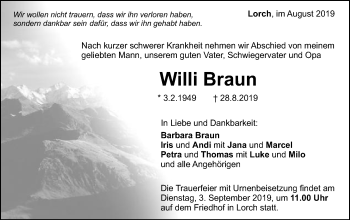 Traueranzeige von Willi Braun von Gmünder Tagespost