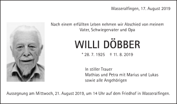 Traueranzeige von Willi Döbber von Schwäbische Post