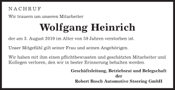 Traueranzeige von Wolfgang Heinrich  von Gmünder Tagespost