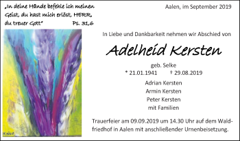 Traueranzeige von Adelheid Kersten von Schwäbische Post