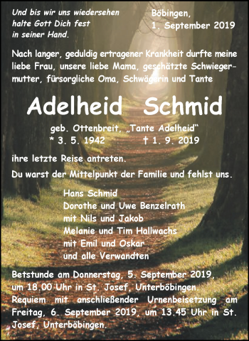 Traueranzeige von Adelheid Schmid von Gmünder Tagespost