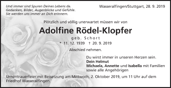 Traueranzeige von Adolfine Rödel-Klopfer von Schwäbische Post