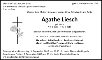 Traueranzeige von Agathe Liesch von Schwäbische Post