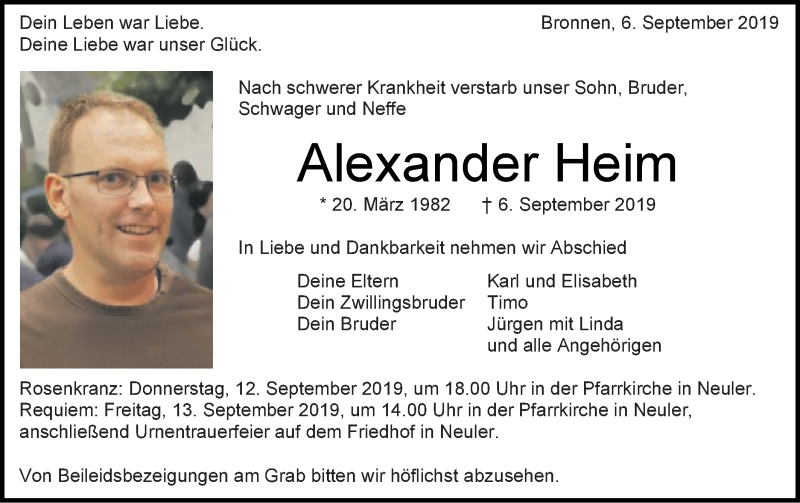  Traueranzeige für Alexander Heim vom 11.09.2019 aus Schwäbische Post