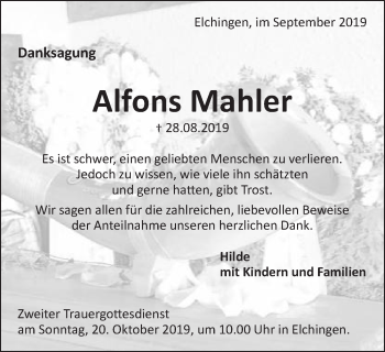 Traueranzeige von Alfons Mahler von Schwäbische Post