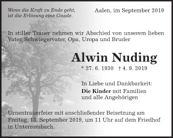 Traueranzeige von Alwin Nuding von Schwäbische Post