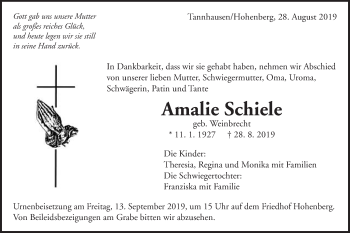 Traueranzeige von Amalie Schiele von Schwäbische Post