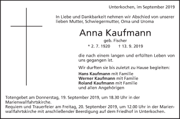 Traueranzeige von Anna Kaufmann von Schwäbische Post
