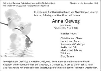 Traueranzeige von Anna Kieweg von Schwäbische Post