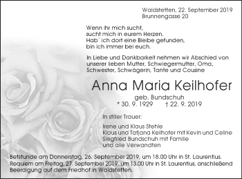 Traueranzeige von Anna Maria Keilhofer von Gmünder Tagespost