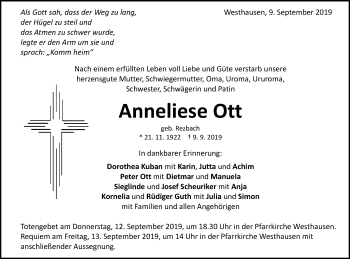Traueranzeige von Anneliese Ott von Schwäbische Post
