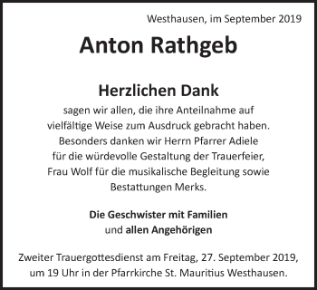 Traueranzeige von Anton Rathgeb von Schwäbische Post