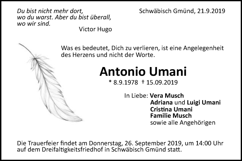  Traueranzeige für Antonio Umani vom 21.09.2019 aus Gmünder Tagespost