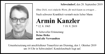 Traueranzeige von Armin Kanzler von Schwäbische Post