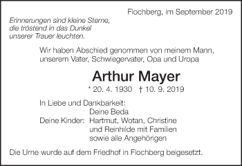 Traueranzeige von Arthur Mayer von Bopfinger Stadtanzeiger