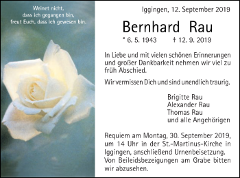 Traueranzeige von Bernhard Rau von Gmünder Tagespost