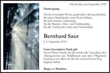 Traueranzeige von Bernhard Saur von Schwäbische Post