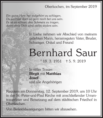 Traueranzeige von Bernhard Saur von Schwäbische Post
