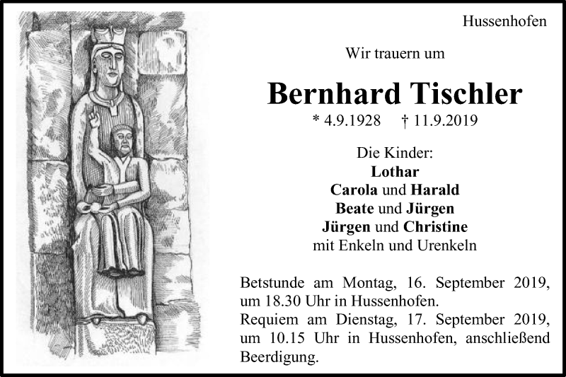  Traueranzeige für Bernhard Tischler vom 14.09.2019 aus Gmünder Tagespost