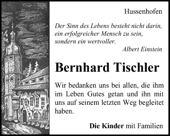 Traueranzeige von Bernhard Tischler von Gmünder Tagespost