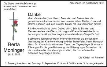 Traueranzeige von Berta Moninger von Schwäbische Post