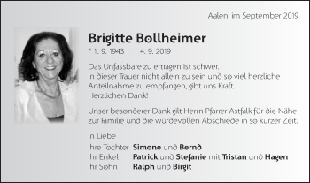 Traueranzeige von Brigitte Bollheimer von Schwäbische Post