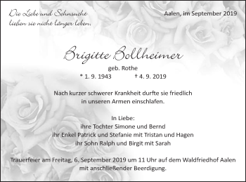 Traueranzeige von Brigitte Bollheimer von Schwäbische Post