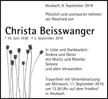 Traueranzeige von Christa Beisswanger von Gmünder Tagespost