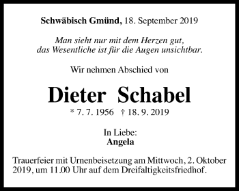 Traueranzeige von Dieter Schabel von Gmünder Tagespost
