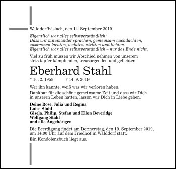 Traueranzeige von Eberhard Stahl von Schwäbische Post