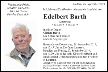 Traueranzeige von Edelbert Barth von Gmünder Tagespost