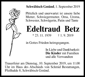 Traueranzeige von Edeltraud Betz von Gmünder Tagespost