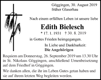 Traueranzeige von Edith Bielesch von Gmünder Tagespost