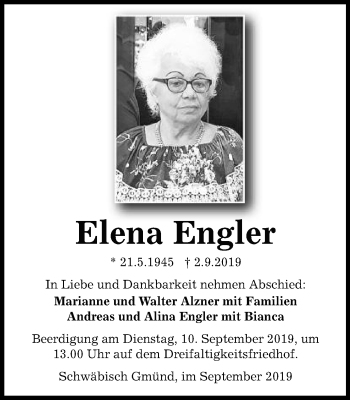 Traueranzeige von Elena Engler von Gmünder Tagespost