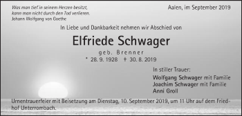 Traueranzeige von Elfriede Schwager von Schwäbische Post