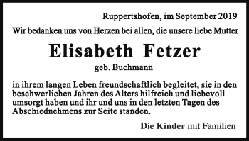 Traueranzeige von Elisabeth Fetzer von Gmünder Tagespost